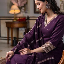 KALINI Ethnic Motifs Embroidered Sequinned Straight Kurta with Trouser & Dupatta-picture-4