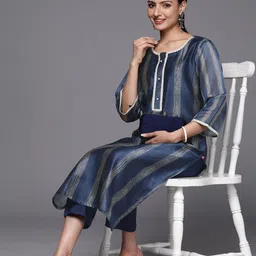 Varanga Women Navy Blue Printed Sequinned Chanderi Silk Kurta with Trousers-14