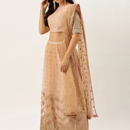 Ethnovog Beige  Pink Embellished Lehenga  Made to Measure Blouse with Dupatta-picture-58