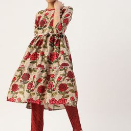 VAABA Women Beige & Maroon Floral Printed Panelled A-Line Kurta with Trousers-picture-6