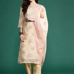 Indo Era Floral Embroidered Sequinned Linen Kurta with Trousers & With Dupatta-picture-49