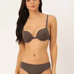 MAKCLAN Women Charcoal Grey Solid Padded Front-Open Lingerie Set K27019LA-10