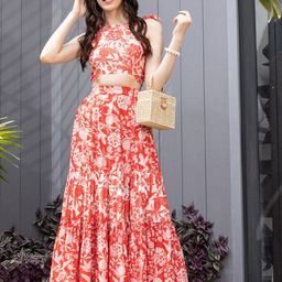 House of Abeena Floral Printed Round Neck Crop Top & Maxi Skirt Co-Ords-picture-48