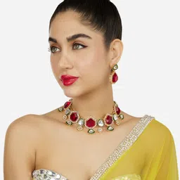 Zaveri Pearls Gold-Plated Austrian Diamonds Studded Meenakari Jewellery Set-89