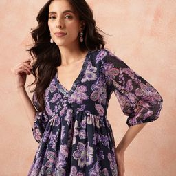 all about you Floral Print Puff Sleeve Dobby Empire Kurta-picture-17