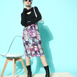 Berrylush Women Graphic Printed High Rise Midi Pencil Skirt-49