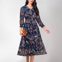 BAESD Floral Printed Ruffles Puff Sleeve Fit & Flare Midi Dress-image-86