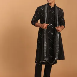 SHRESTHA BY VASTRAMAY Men Black Embroidered Pleated Mirror Work Kurta with Churidar & With Dupatta-picture-12