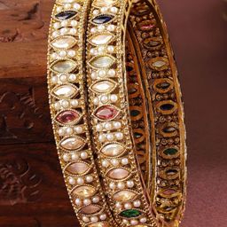 Rubans Set of 2 18K Gold-Plated Mini Pearl Studded & Multi-Coloured Stone Patterned Bangle-52