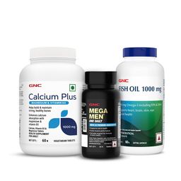 GNC Men Set Of 3 Fish Oil 1000mg, Mega Men One Daily Multivitamin & Calcium Plus 1000mg-21