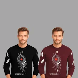 TICOSS Pack Of 2 Graphic Printed Long Sleeves Round Neck Cotton Regular Fit Casual T-shirt-image-26