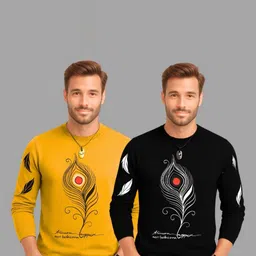 TICOSS Pack Of 2 Graphic Printed Long Sleeves Round Neck Cotton Regular Fit Casual T-shirt-image-37