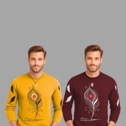 TICOSS Pack Of 2 Graphic Printed Long Sleeves Round Neck Cotton Regular Fit Casual T-shirt-image-43