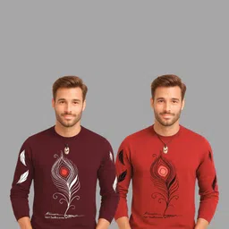 TICOSS Pack Of 2 Graphic Printed Long Sleeves Round Neck Cotton Regular Fit Casual T-shirt-image-49