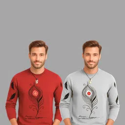 TICOSS Pack Of 2 Graphic Printed Long Sleeves Round Neck Cotton Regular Fit Casual T-shirt-image-4