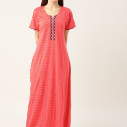 Sweet Dreams Women Coral Red & Black Pure Cotton Printed Maxi Nightdress-image-46