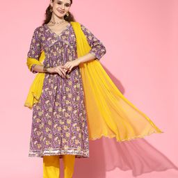 Stylum Floral Printed Empire Gotta Patti Pure Cotton Kurta with Trousers & Dupatta-image-59
