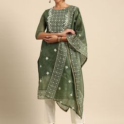 Sangria Ethnic Motifs Embroidered Thread Work Kurta With Trousers & Dupatta-19