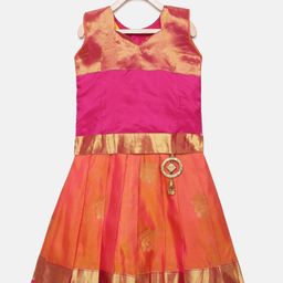 Kanakadara Girls Pink & Orange Self Design Pure Silk Pattu Pavadai with Embellishment-picture-18