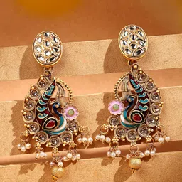 ADIVA Gold-Plated Artificial Stones Studded & Beaded Peacock Shaped Drop Earrings-12
