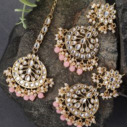 Peora Traditional Jewellery 18K Gold-Plated Kundan & Pearl Studded Maang Tikka Earring Set-image-36
