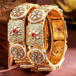 Rubans Set of 2 24K Gold Plated Kundan & Pearl Studded Meenakari Bangles-image-1