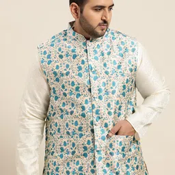SOJANYA PLUS Men Peach Coloured & Blue Ethnic Motifs Print Silk Blend Nehru Jacket-11