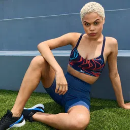 Reebok Navy Blue & Red TS Lux Strappy Lightly Padded Printed Training Bra-picture-57