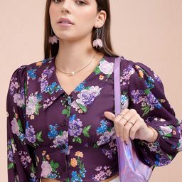 Tokyo Talkies Women Floral Printed Peter Pan Collar Puff Sleeve Blouson Crop Top-image-31