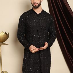Anouk Black Embellished Mirror Work Mandarin Collar Pure Cotton Kurta-image-4