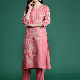 Indo Era Floral Embroidered Sequinned Pure Cotton Kurta with Trousers-picture-42