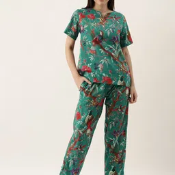 SANSKRUTIHOMES Women Green Pure Cotton Floral Print Pyjama Set-image-44