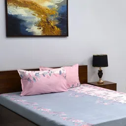 BOMBAY DYEING Grey & Pink Floral 144 TC Queen Bedsheet &2 Pillow Covers-image-39