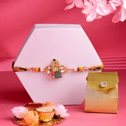 ADIVA Set Of 4 Kundan-Studded & Beaded Radha Krishna Rakhi Gift Set-9