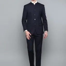 Louis Philippe Men Navy Blue Self-Design Regular Fit Bandhgala Suit-image-8
