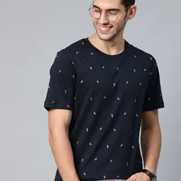 Mast & Harbour Men Navy Blue & Peach-Coloured Conversational Printed Cotton T-shirt-1