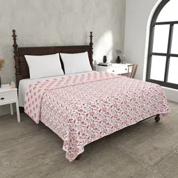 JAIPUR FABRIC White & Green Printed Mild Winter 120 GSM Pure Cotton Double Bed Dohar-64