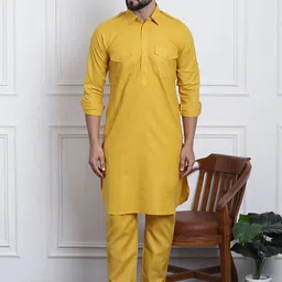SOJANYA Men Mustard Yellow Solid Pathani Kurta with Salwar-53