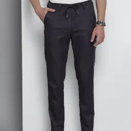The Indian Garage Co Men Navy Blue Textured Chinos Trousers-image-53