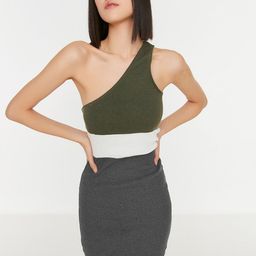 Trendyol Charcoal & White Colourblocked One Shoulder Sheath Dress-image-49