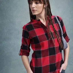 The Roadster Lifestyle Co. Checked Mandarin Collar Pure Cotton Shirt Style Top-picture-20