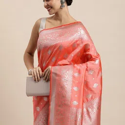 Royal Rajgharana Saree Peach-Coloured Ethnic Motifs Silk Blend Paithani Sarees-image-41