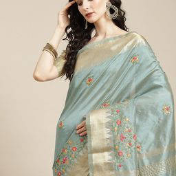 SERONA FABRICS Blue Floral Embroidered Woven Design Silk Cotton Saree with Blouse-image-73