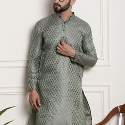 SOJANYA Ethnic Motifs Woven Design Band Collar Long Sleeves Straight Kurta-image-73