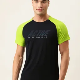 Peter England Men Black Brand Logo Printed Dry Tech Slim Fit T-shirt-image-47