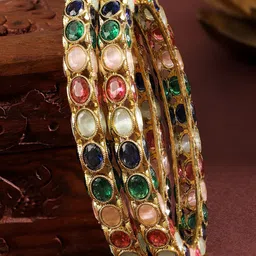 Rubans Set of 2 18K Gold-Plated Multi-Coloured Oval Stone Studded Designer Bangles-25
