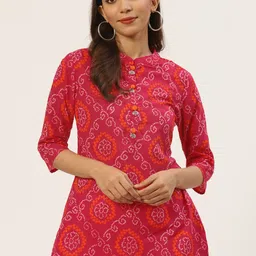 FABRIC FITOOR Women Pink & White Printed Pure Cotton Straight Kurti-image-49