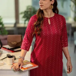 Libas Striped Woven Design Keyhole Neck Thread Work Straight Kurta-image-54