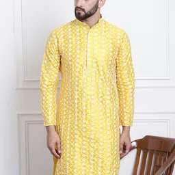 SOJANYA Men Yellow & White Ethnic Motifs Embroidered Straight Kurta-picture-47