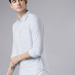 HIGHLANDER by Rohit Sharma Men White & Blue Slim Fit Striped Casual Shirt-picture-44